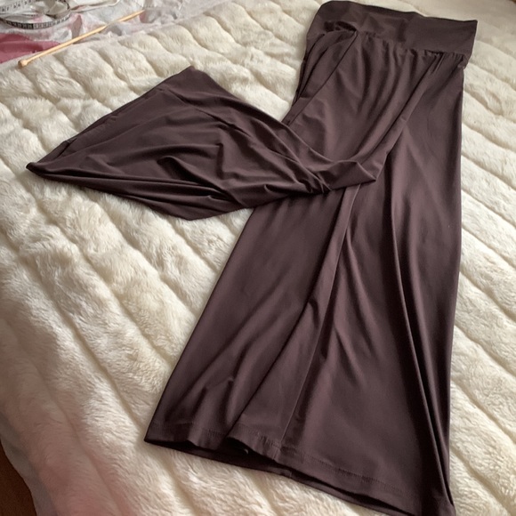 Vtg Y2K chocolate brown slinky flowing fold over waist wide leg palazzo pants M - Picture 7 of 7